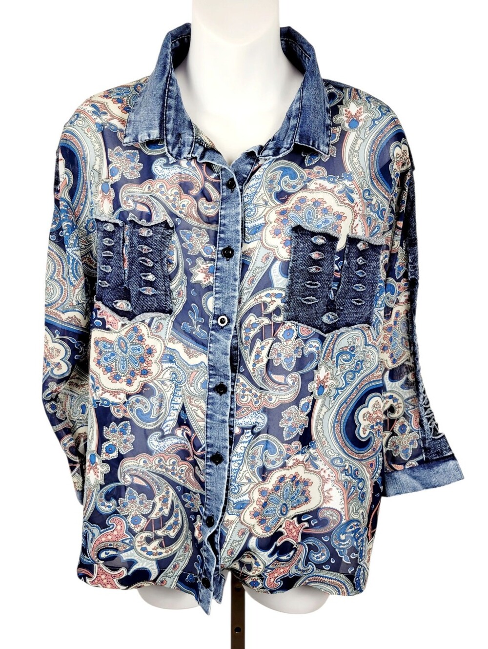 2/$20 Y2K Navy Blue Floral Pattern Buttons Down Sheer Shirt Blouse Size: Large